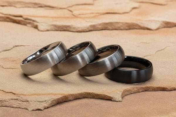 Four metallic rings on a textured stone surface