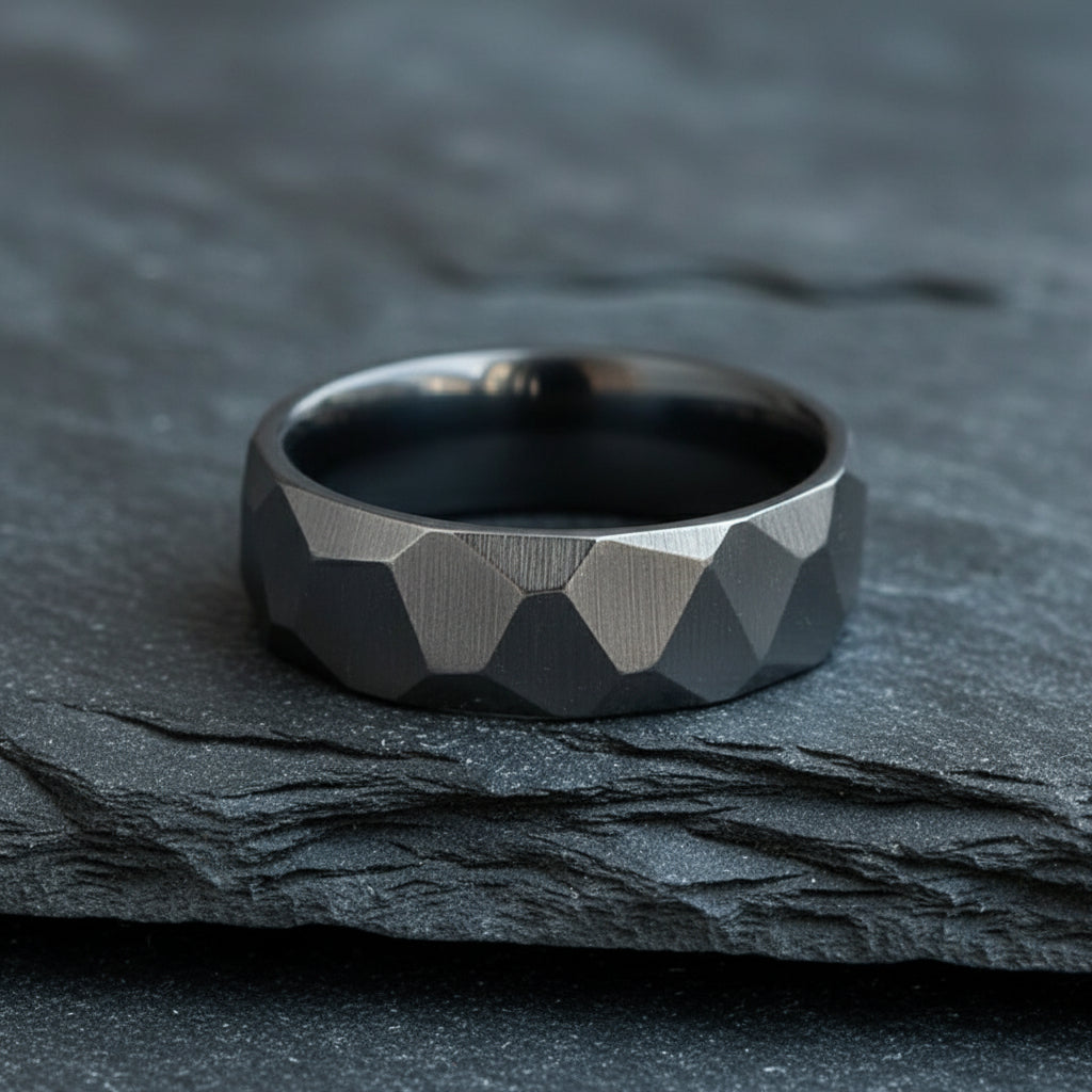 Titanium Hammered Faceted Wedding Ring